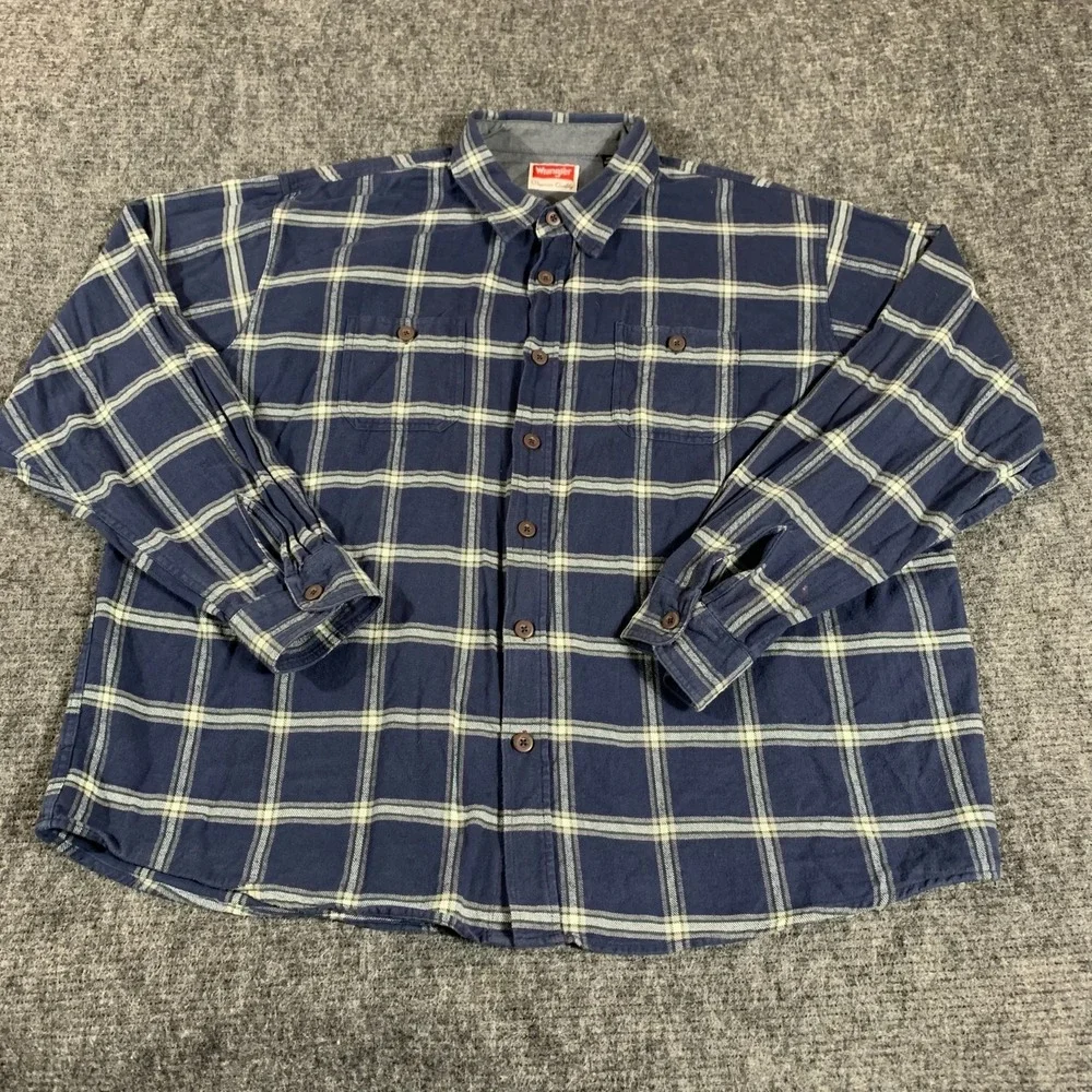 Wrangler Shirt‎ Mens 3XL Blue White Plaid Button Up Outdoors Grunge Heavyweight